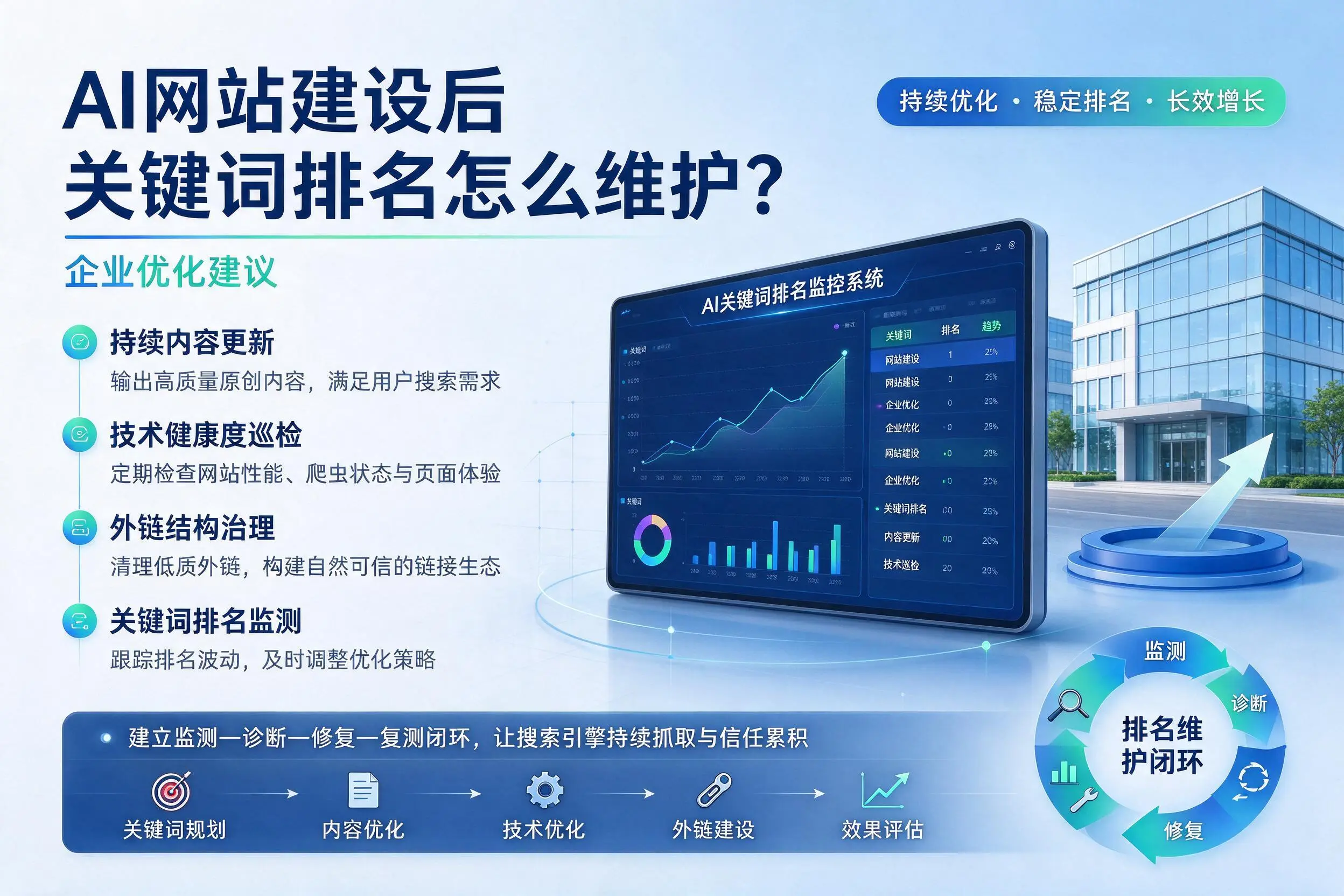 AI网站建设后关键词排名怎么维护？广西企业优化建议